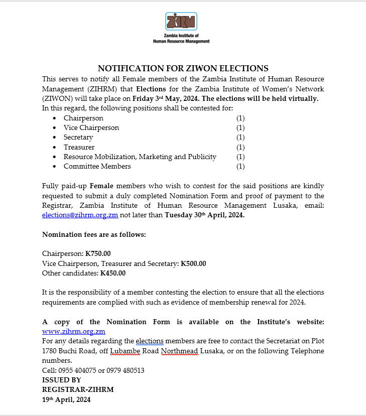 NOTIFICATION FOR ZIWON ELECTIONS